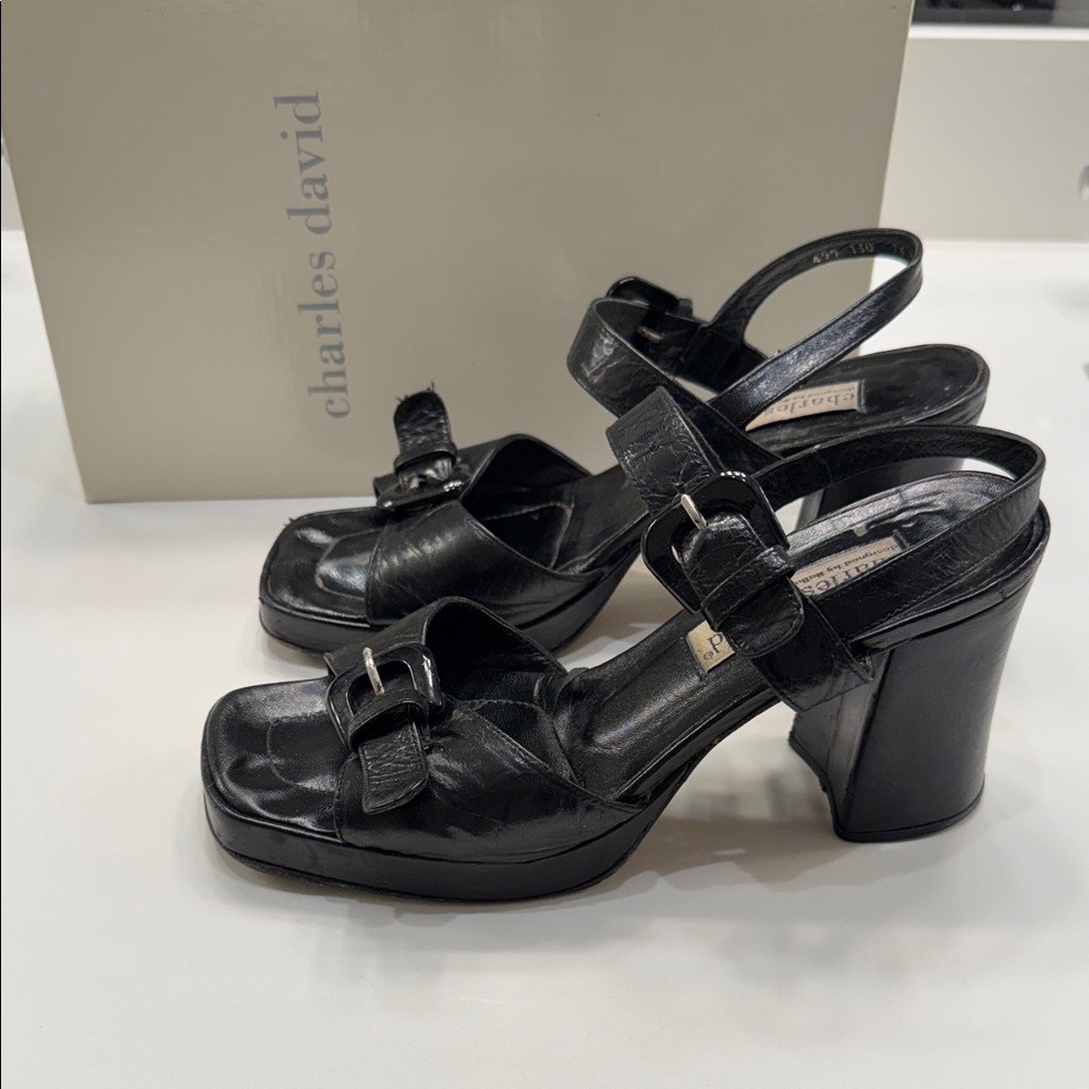 Charles David Black Leather Heeled Sandals